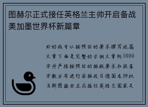图赫尔正式接任英格兰主帅开启备战美加墨世界杯新篇章 图赫尔正式接任英格兰主帅开启备战美加墨世界杯新篇章