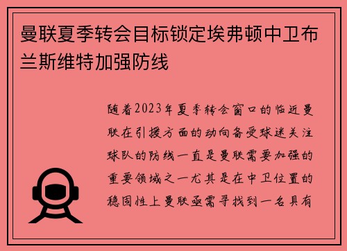 曼联夏季转会目标锁定埃弗顿中卫布兰斯维特加强防线